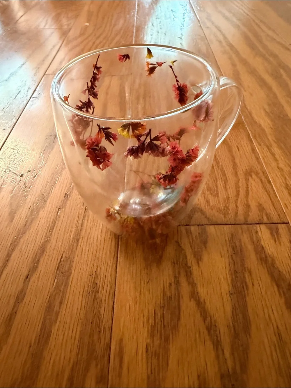 Clear Acrylic Decorative Mug Cup with Pink Floral Accents Dried Flowers